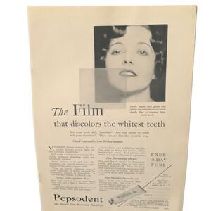 Vintage 1929 Pepsodent Film Discolors The Whitest Teeth Ad Advertisement